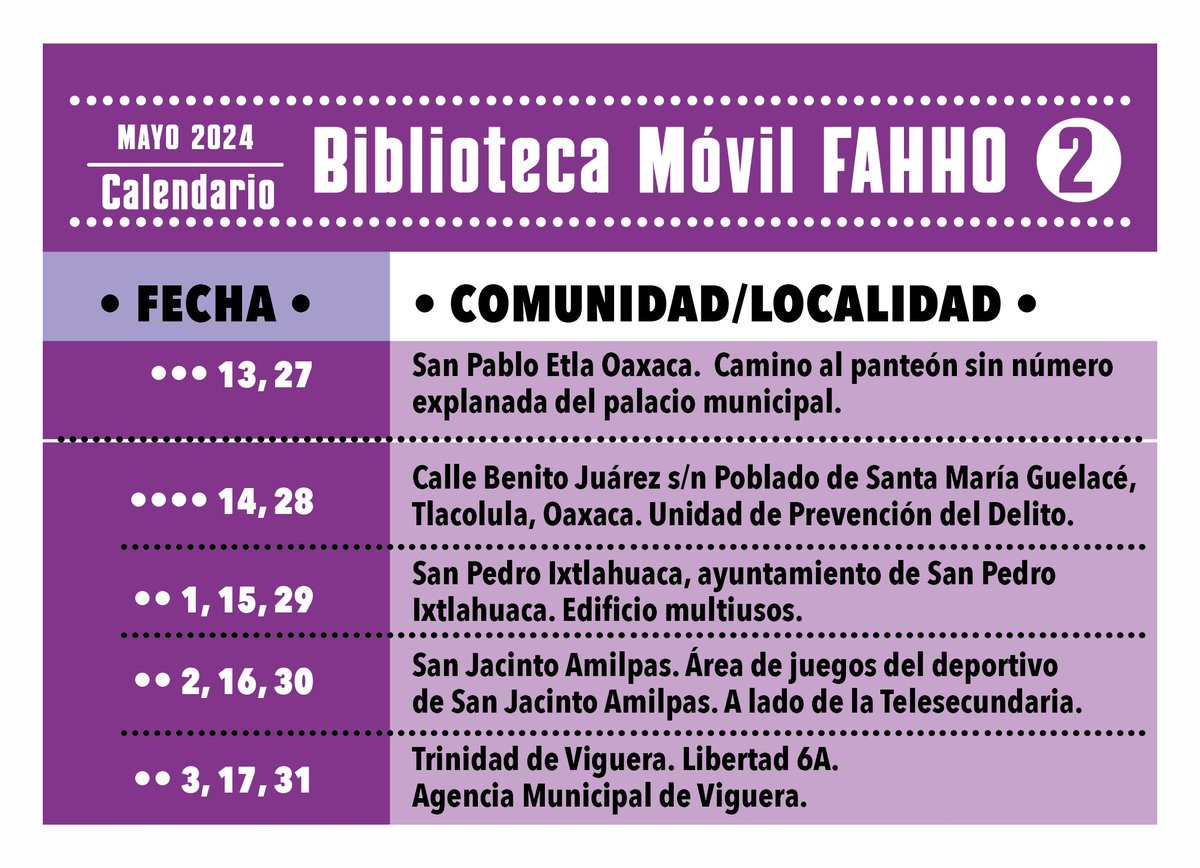 Te compartimos el itinerario de la #BibliotecaMóvil1 y la #BibliotecaMóvil2 de la siguiente semana, del 27 al 31 de mayo. Horario: lunes a viernes, de 12 a 18h, sábados de 10 a 16h. #BibliotecasMóviles #RedBS #BibliotecaInfantilBS #FAHHporMéxico @Fundacionahho