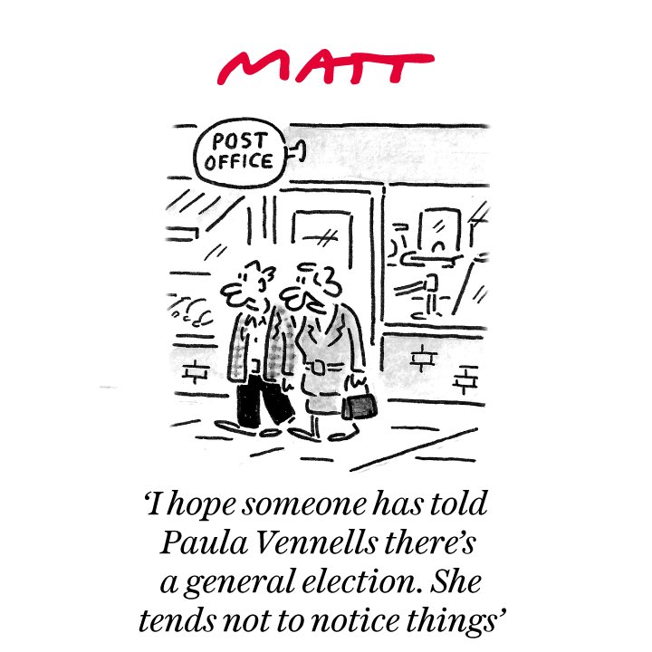 Matt on #PaulaVennells #GeneralElection #PostOfficeScandal #GE2024- political cartoon gallery in London original-political-cartoon.com