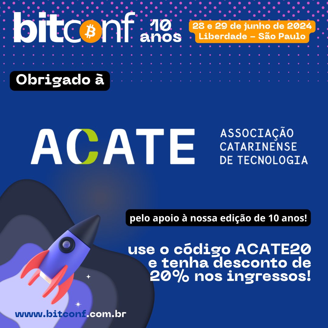 bitconfBR's tweet photo. A maior entidade representativa do setor de tecnologia de SC e uma das mais importantes do país, a @acatesc , também está apoiando a #bitconf . Nos sentimos muito honrados! #bitcoin https://t.co/yNJaAZnPKG