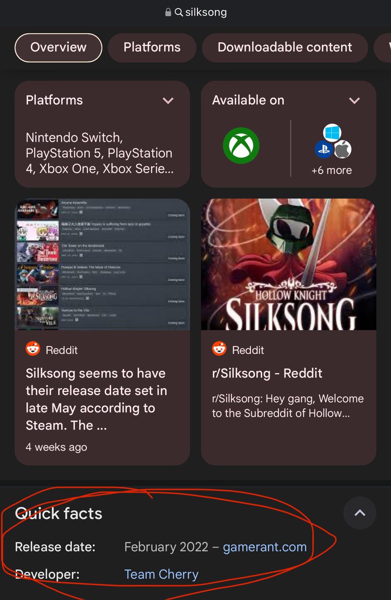 Google is so broken it thinks Hollow Knight Silksong was release in 2022