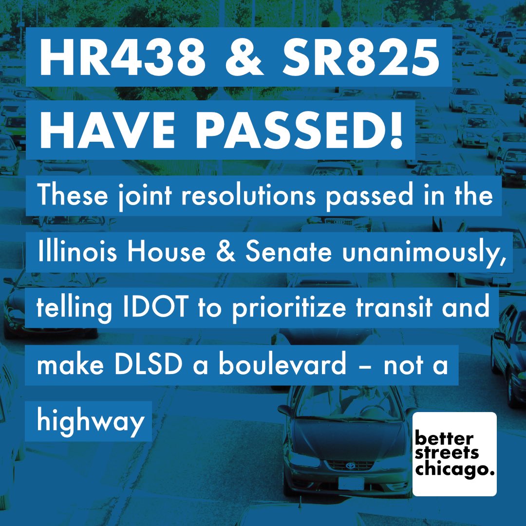 Better Streets Chicago (@chi_streets) on Twitter photo BIG NEWS: Today the Illinois Senate passed SR825 unanimously, joining the Illinois House in calling on <a href="/IDOT_Illinois/">IDOT_Illinois</a> to make DuSable Lake Shore Drive a true boulevard – not a highway! 🎉
This sends a clear message to IDOT that their current plans are unacceptable. BIG NEWS: Today the Illinois Senate passed SR825 unanimously, joining the Illinois House in calling on <a href="/IDOT_Illinois/">IDOT_Illinois</a> to make DuSable Lake Shore Drive a true boulevard – not a highway! 🎉
This sends a clear message to IDOT that their current plans are unacceptable.
