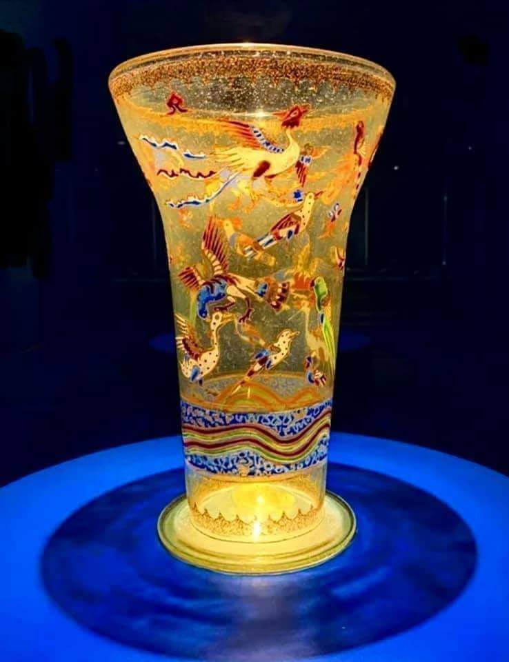 A 14th Century CE; Mamluk Enamel and Gilded Glass Beaker, decorated with legendary and real birds; possibly made in Egypt or Syria.

Mamluks decorative arts, especially  enameled and gilded glass, inlaid metalwork, woodwork and textiles were prized around Mediterranean as well as