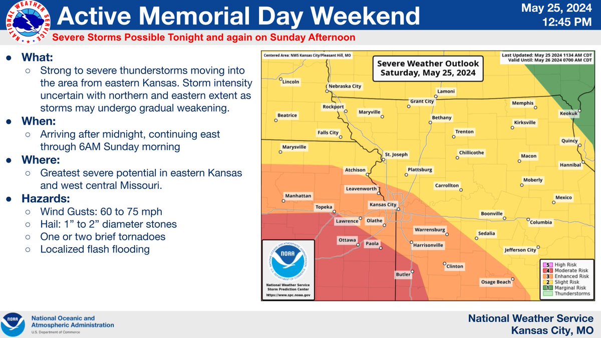 NWSKansasCity's tweet photo. Potential for strong to severe tstorms moving into the area from eastern KS after midnight tonight. Storms are expected to move eastward through SUN AM. Threats include strong winds, large hail, one or two tornadoes, and localized flash flooding. https://t.co/2DIwhsKIJB