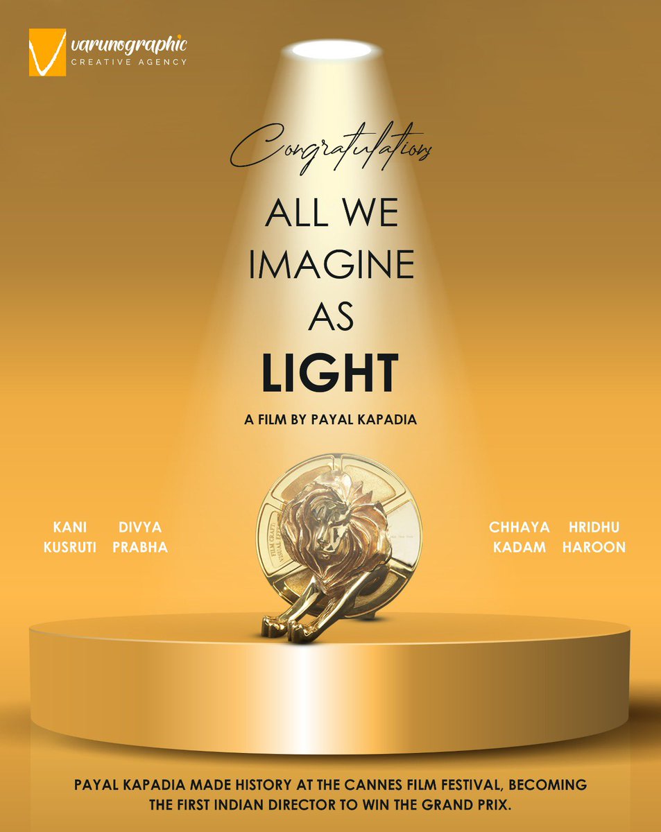 varunographic's tweet photo. Payal Kapadia made history at the Cannes Film Festival, becoming the first Indian director to win the Grand Prix. She won the honour for her debut feature 'All We Imagine As Light'.
Congratulations to #PayalKapadia and the entire cast &amp; crew of this movie 👏👏
 #Cannes2024 https://t.co/4N3fE71oMg