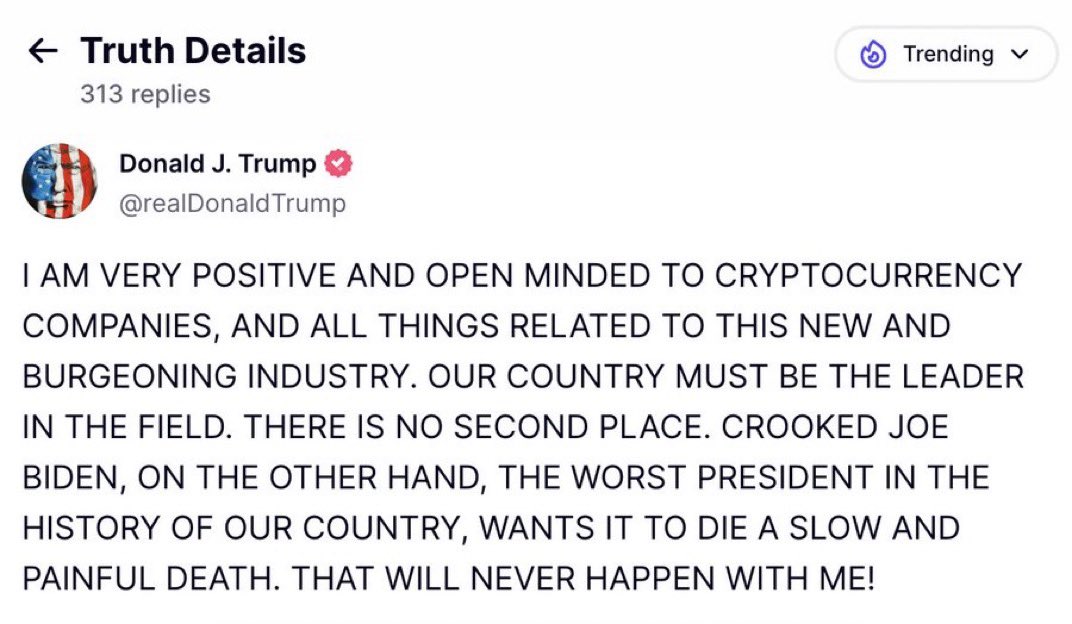 Cryptotea's tweet photo. Donald Trump says USA must be the leader in crypto companies https://t.co/fIXqJACFLf