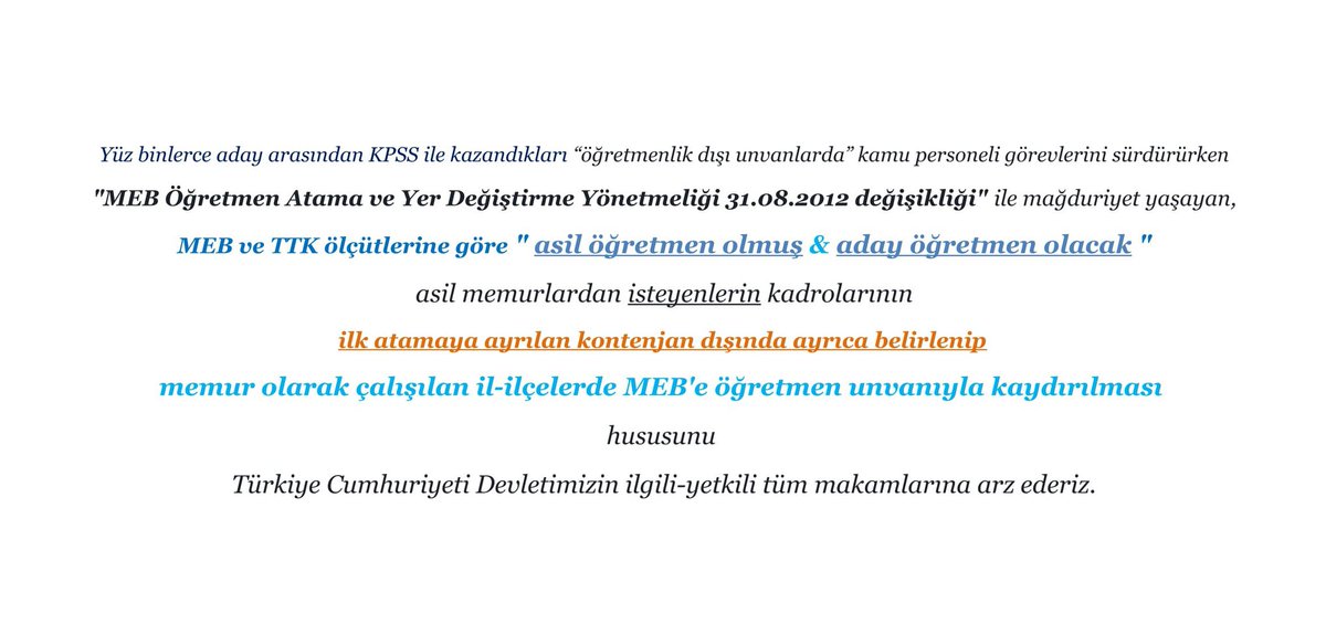<a href="/alimguldiken/">Alim GÜLDİKEN</a> Yüksek KPSS puanlarına rağmen kontenjan yetersizliği nedeniyle yüzbinlerce aday arasından
EÖH dışı kadrolar
kazanmak zorunda kalmış 
31.8.2012 <a href="/tcmeb/">Millî Eğitim Bakanlığı</a> yönetmelikzedesi
#MemurÖĞRETMENLER
kadro ilindeki okullara
657DMK-74
DanıştayİDDK2020-109'la aktarılsın
ÖĞRETMEN OLMAYANLAR DEĞİL!