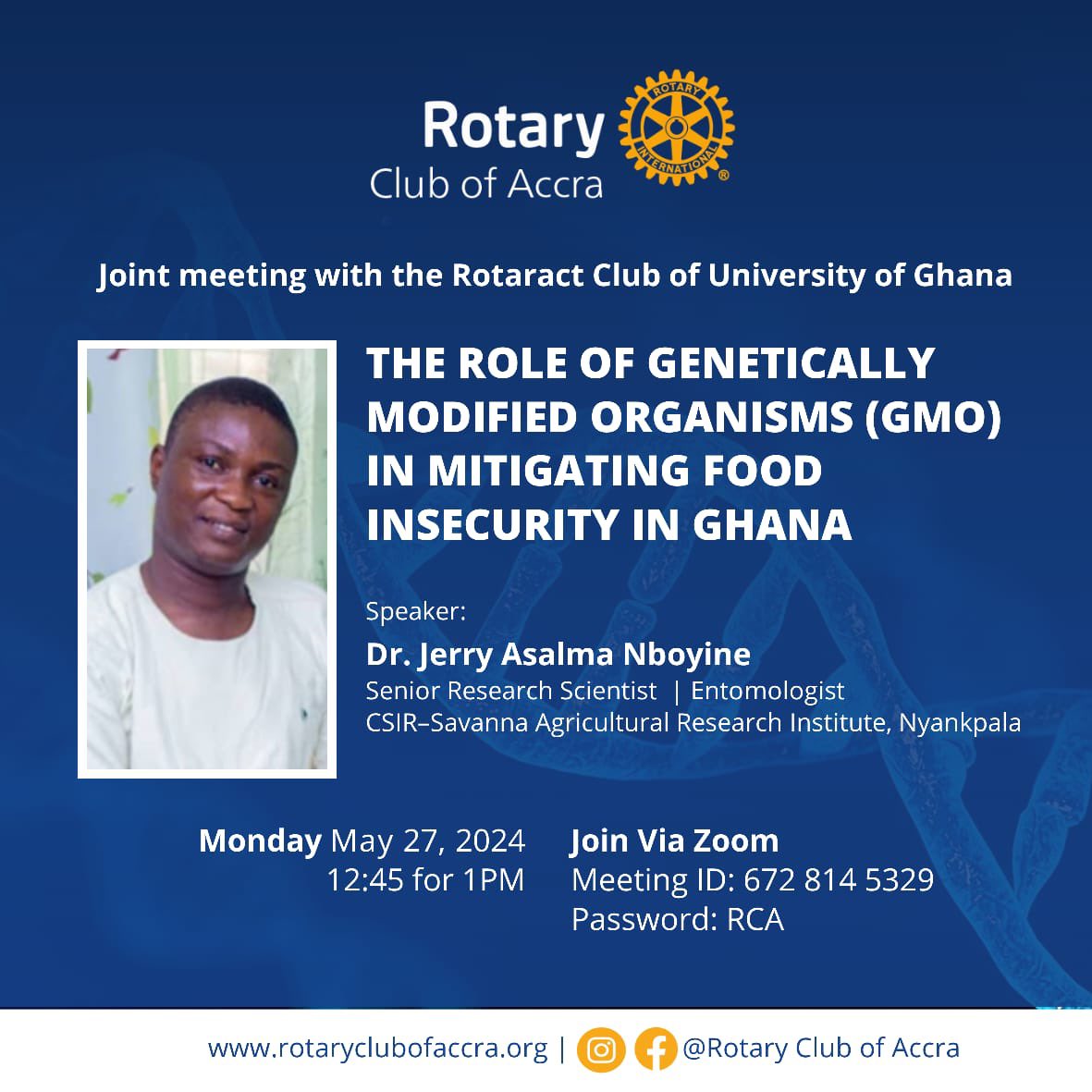 Join our esteemed Research Scientist, Dr. Jerry Nboyine,
*Join Zoom Meeting*
Date: Monday, May 27, 2024
Time: 12:45 for 1pm
us06web.zoom.us/j/6728145329?p…

Meeting ID: 672 814 5329 Passcode: RCA