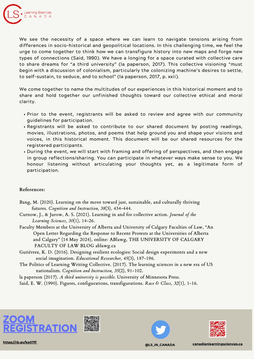 We are happy to announce a special learning symposium  titled: Dialogic Session on the Political, Ethical, and Moral Dimension of Learning on May 28 at 3 p.m. PST, 4 p.m. MST, 5 p.m. CST, 6 p.m. EST.  Registration link: ucalgary.zoom.us/meeting/regist…