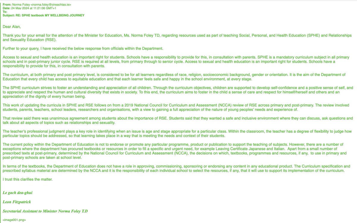 NORMA FOLEY ON TEACHING YOUR CHILDREN MASTURBATION: What does @NormaFoleyTD1 think about age 12-15 being taught 8 pages of Masturbation? Thank you to @AlanWhelan17 for writing this letter. The lack of accountability 'In terms of the textbooks, the Department of Education does