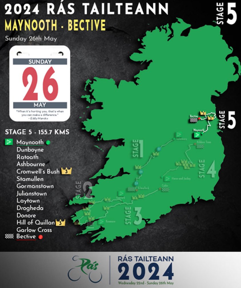 Timetable for final stage of <a href="/rastailteann/">Rás Tailteann</a>  coming through local area tomorrow Sunday, 26th May 2024, 
Maynooth to Bective 156Kms
Stamullen – Julianstown - Laytown – Drogheda - Donore - Garlow Cross - Bective
rastailteann.ie/2024-route-sta… #RásTailteann #Rás24