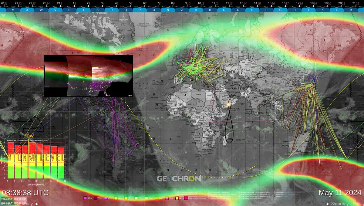 Amazing how far #SpaceWeather data, modeling & visualization has come. Compare GEOCHRON maps of HF/VHF radio communication plus Ovation #aurora model with actual imagery over USA & Canada from VIIRS. Note no radio contacts cross through auroral oval & auroral boundary is spot on!