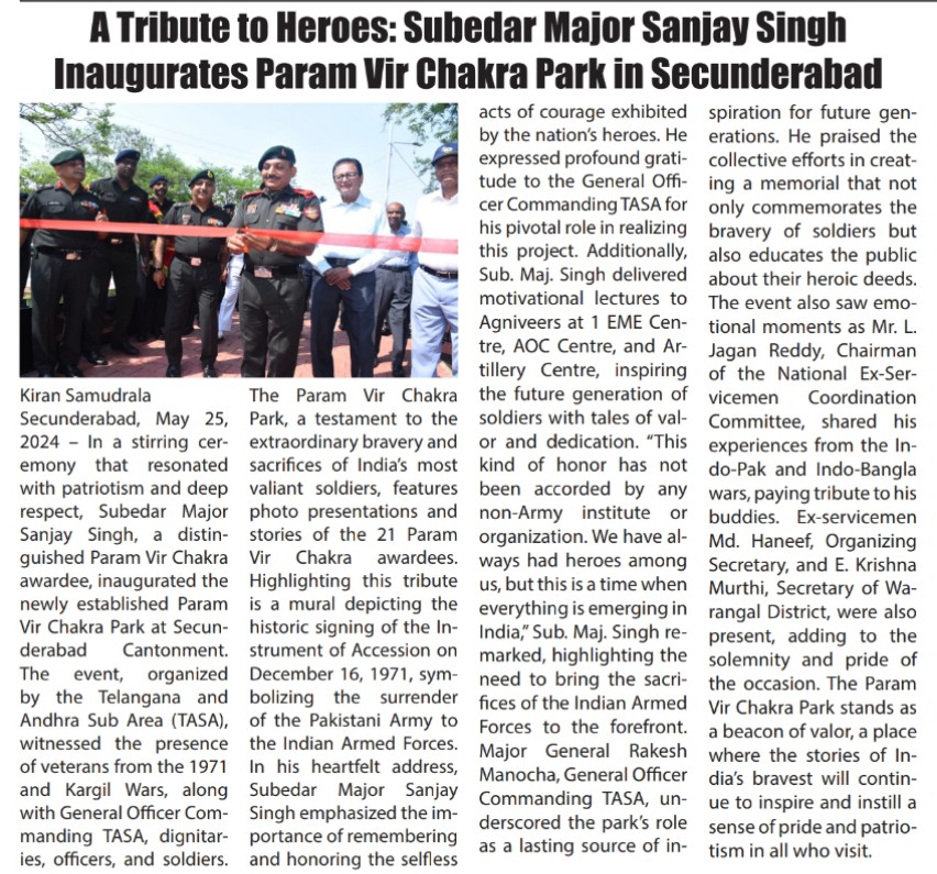 Hyd_Headlines's tweet photo. Honoring Heroes 🇮🇳 Sub Maj Sanjay Singh 'PVC' inaugurates #ParamVirChakra Park in Secunderabad. A tribute to bravery and sacrifice. 🎖️ #SaluteToSoldiers @NccDteAPandT @dprohyd @DefenceMinIndia @IAF_MCC @adgpi @Tri_Service @IndianArmy007 @IaSouthern @artrac_ia @vmreddyifs ��� https://t.co/6EZayt3rvT