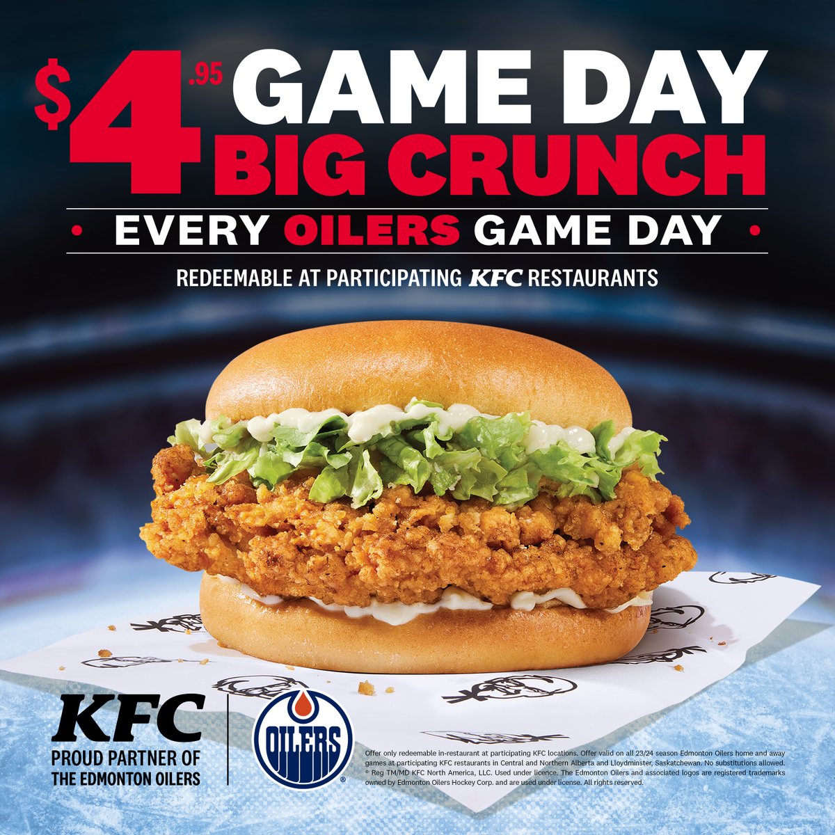 💥 WCF GAME DAY BIG CRUNCH 💥 You can get a $4.95 Big Crunch from @kfc_canada every #Oilers game day! *offer only redeemable in-restaurant at participating KFC locations*