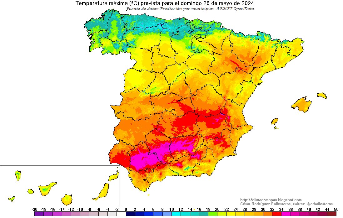 🌡️🌡️🌡️ Hasta 20 grados de diferencia en las máximas de mañana entre norte y sur peninsular: 16 grados en Oviedo frente a los 36 en Córdoba. Domingo y lunes, con calor de verano, salvo en el extremo norte.