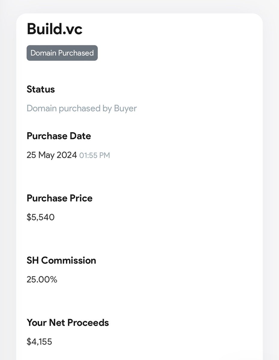 Just sold Build(.)vc through @squadhelp on a 24 month payment plan 🥳 Will share my usual ROI calcs once I get home, actually found out about the sale while hiking in the woods 🥾 🌲 Here’s the dets, congrats to the buyer ⬇️