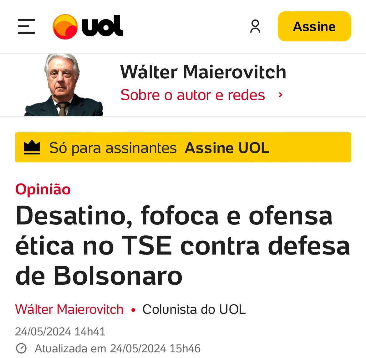 mauad_joao's tweet photo. Até o tucano Wálter Maierovtch já perdeu a paciência com o que chamou de “gentalha togada”, que tomou conta dos tribunais superiores tupiniquins… 👇
——————-
“É inacreditável, mas ministros do Tribunal Superior Eleitoral acabaram de cometer um desatino.

Mais ainda, eles atropelaram de forma grosseira a ética e violaram o compromisso institucional —o chamado "juramento", quando tomam posse no TSE.

Pior, bem pior, os ministros do TSE recomendaram a chicana processual, o abuso de direito e a litigância de má-fé.

Tais ministros, em condição de anonimato, revelaram à jornalista Carolina Brígido ter a defesa técnica de Jair Bolsonaro usado de estratégia jurídica equivocada.

Os ministros fofoqueiros concluíram que a defesa do ex-presidente, com uma equivocada tática jurídica, acabou por sepultar as chances de reverter a decisão do TSE —em junho do ano passado, o tribunal tornou Bolsonaro inelegível; a pena vale por oito anos, a contar a partir de 2022.

Até agora, o comum mortal acostumou-se com ministros do Supremo Tribunal Federal (STF) a falar fora dos autos, a prejulgar, a intrometer-se na política, a colocar na toga coloração partidária e a participar de convescotes internacionais bancados por recorrentes em processos da Corte.

O inusitado está na ilegal transformação de tais ministros em comentaristas de trabalho profissional de advogado. Isso em flagrante violação à lei orgânica da Magistratura nacional e às normas legais comportamentais dos magistrados.

Os magistrados, na verdade, fizeram fofoca.

Não bastasse, mostraram falha de caráter. Isso ao recomendar a chicana —ou seja, apresentar, continuadamente e até 2026, embargos de declaração ao TSE.

Atenção: em 2026, pela tradição de rotatividade, estarão na presidência e vice os ministros Kassio Nunes Marques e André Mendonça, ambos indicados por Jair Bolsonaro.

Os fofoqueiros acham que ambos, Nunes Marques e Mendonça, mudariam o mérito da antiga decisão do plenário do TSE e tornariam Bolsonaro elegível, ou melhor, com cidadania plena: legitimidade para votar e ser votado.

Atenção, de novo: até um reprovado em exame de qualificação profissional da OAB sabe que os embargos de declaração não se prestam para, como forma de apelação, mudar o mérito de uma decisão de condenação. (…)

Para criticar a defesa técnica de Bolsonaro, os ministros do TSE fizeram uso de expediente protelatório, na modalidade de embargos declaratórios. No fundo, um nonsense.

Para arrematar: os advogados de Bolsonaro não fizeram uso da protelação e do abuso e nem faltaram com ética. Como deveria ser, eles bateram à porta do STF, com recurso adequado.

Num pano rápido. Temos uma gentalha togada, a fofocar e comentar equivocadamente. Talvez, empolgaram-se com os maus exemplos.”

TSE: desatino, fofoca e ofensa ética contra advogados de Bolsonaro