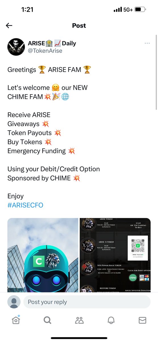 It’s also notable that @TokenArise is claiming that @Chime is being mentioned as a “sponsor” - normally, a sponsor would likely be tagged if they actually were one. (I also doubt that @Chime would actually be partnering with scammers running a likely Ponzi scheme, either.)