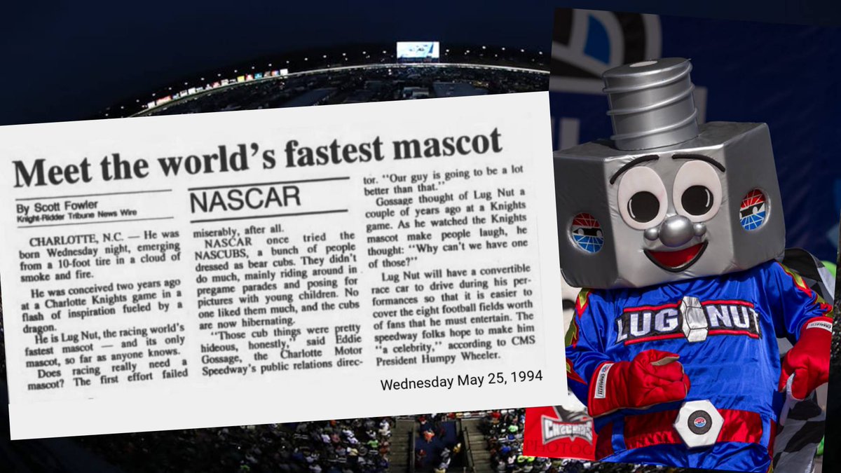nascarman_rr's tweet photo. Happy 30th Birthday to Lug Nut. Charlotte's mascot was born on May 25, 1994, moments before Jeff Gordon won the pole for the Coca-Cola 600. https://t.co/0OfnAuEil0