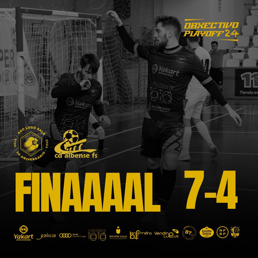 😍 ¡FINAAAAAAL FINALLLL estamos en la siguiente y penúltima ronda del playoff de ascenso a 2ªRFEF Futsal!

👟 Marcaron Antonio Diz (4), Iago Rodríguez (2) y Porto. 

💚 Enhorabuena también a la afición del @albensefs por su gran eliminatoria. 

#LugoSalaNuncaSeRinde