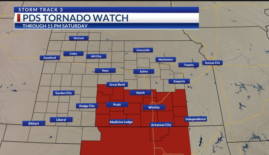 A PARTICULARLY DANGEROUS SITUATION or PDS TORNADO WATCH is in effect until 11 PM Saturday. @KSNNews @KSNStormTrack3 #kswx #okwx Ksn.com/weather
