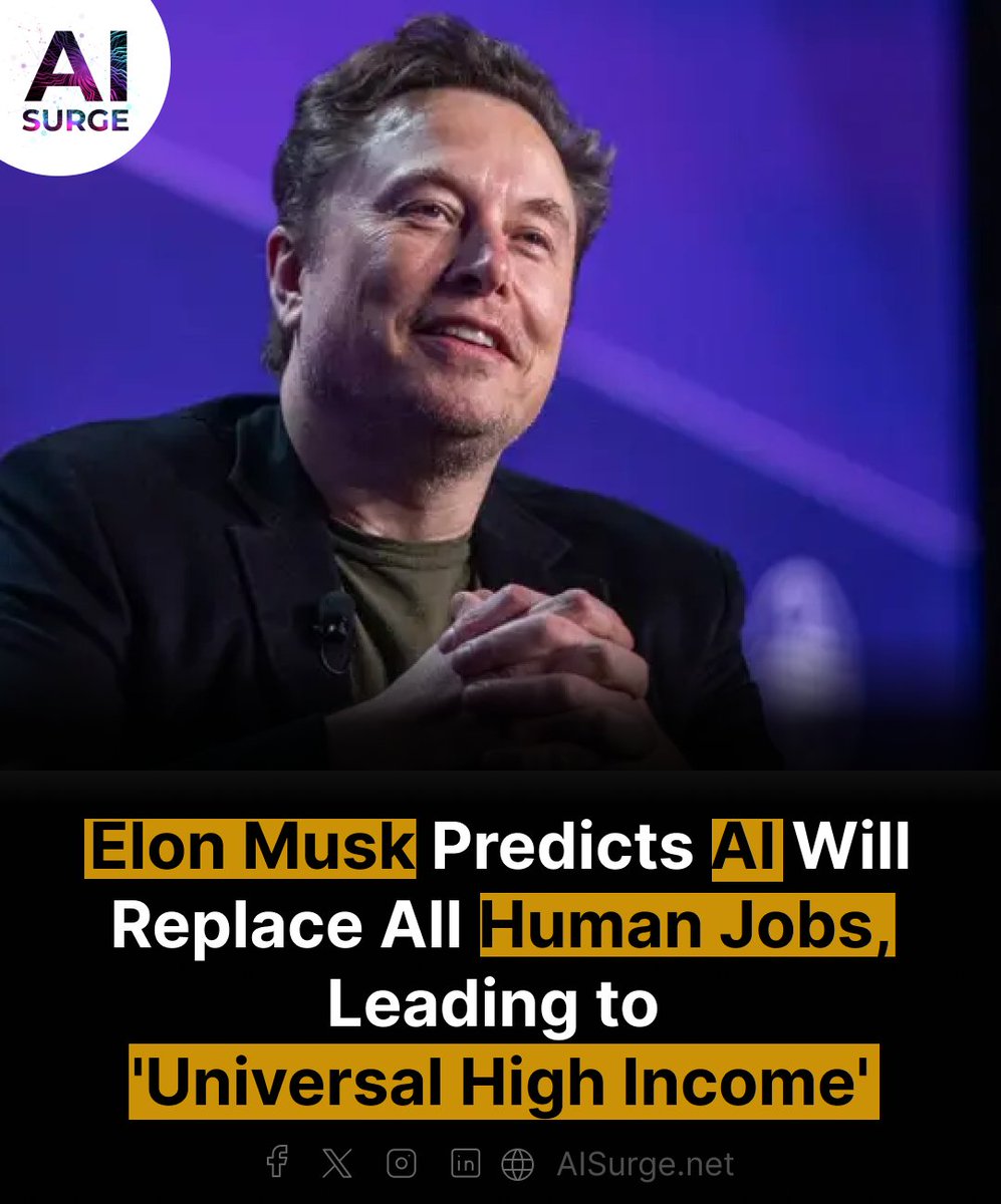 In a benign scenario, none of us will have a job,' Musk said. 'There will be universal high income with no shortage of goods or services.' He predicts an 80% chance AI will eliminate the need for human jobs, raising questions about life's meaning in such a future #ElonMusk