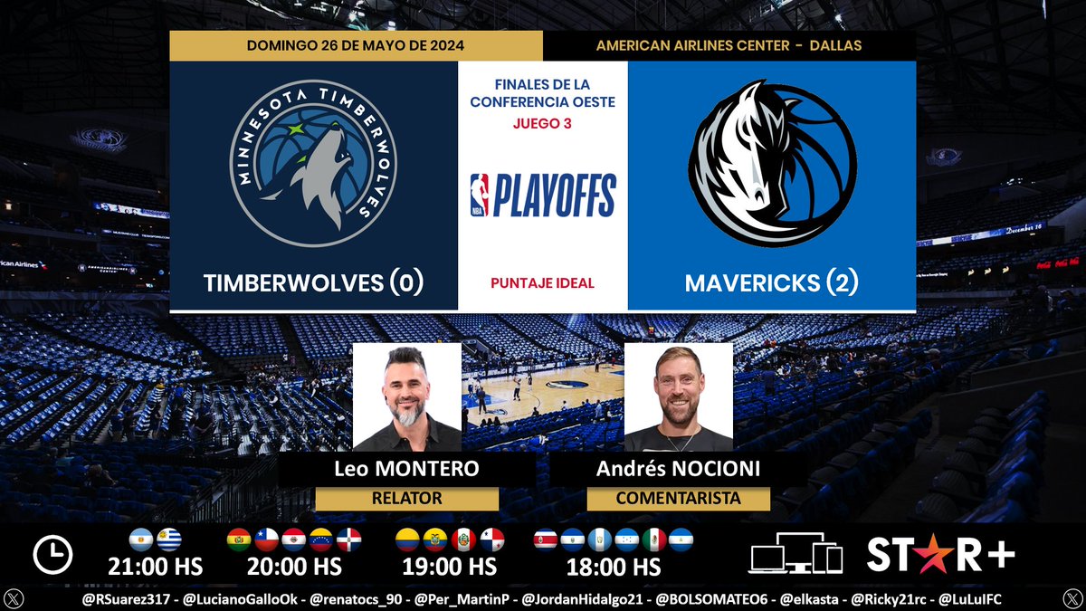 🏀 #NBA | #Timberwolves vs. #Mavericks 🎙 Relator: @soyleomontero 🎙 Comentarista: @SoyElChapu 💻📱 @StarPlusLA Latinoamérica 🤳 #NBAxESPN - #ESPNenStarPlus - #NBAPlayoffs Dale RT 🔃