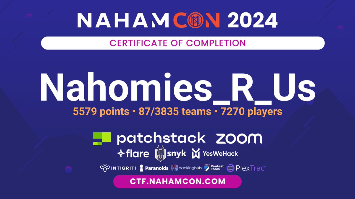 I participated in the NahamCon 2024 CTF! Thanks <a href="/_JohnHammond/">John Hammond</a> <a href="/M_alphaaa/">Matt Ehrnschwender</a> <a href="/kkevsterrr/">Kevin Bock</a> <a href="/RagnarSecurity/">Ragnar Security</a> @HuskyHacksMK <a href="/matl4c/">matlac</a> <a href="/nightwolf780/">NightWolf</a> <a href="/Soups71/">Soups71</a> <a href="/BuildHackSecure/">Adam Langley</a> <a href="/NahamSec/">Ben Sadeghipour</a> and all others involved!  #NahamCon2024