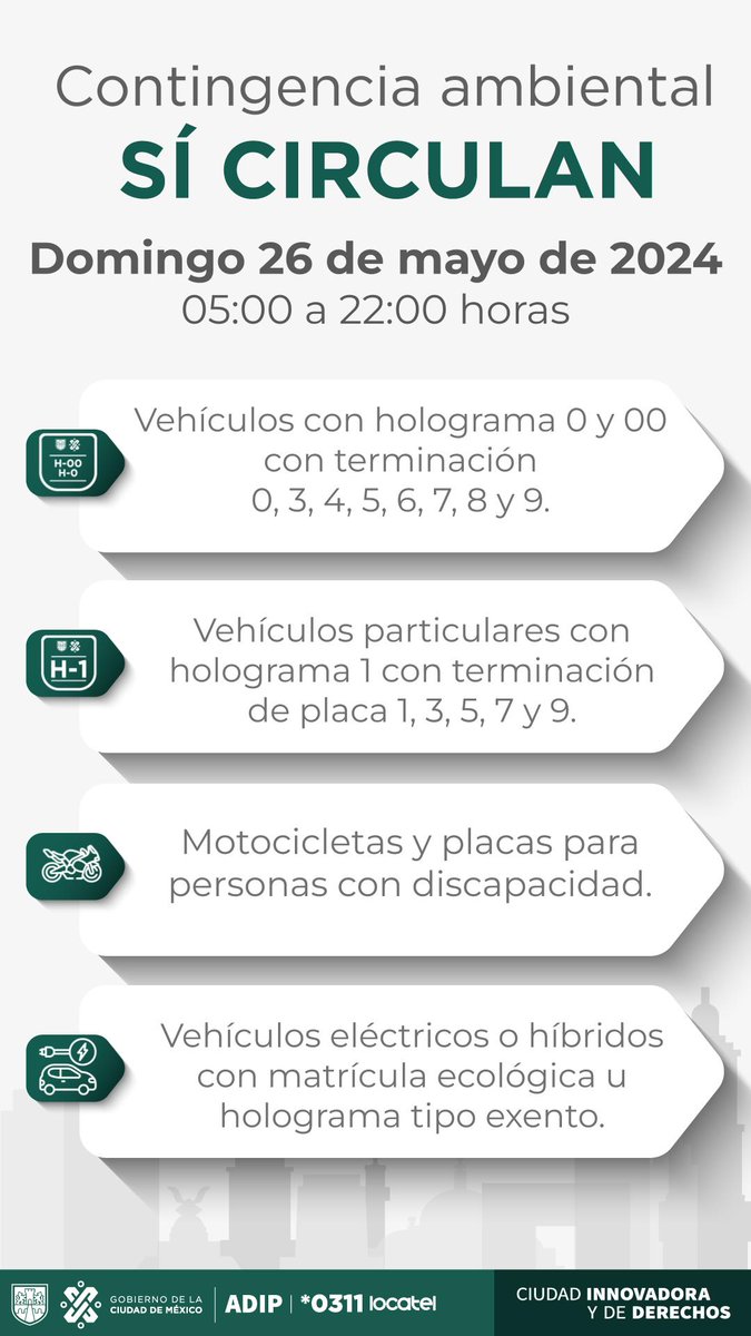 locatel_mx's tweet photo. 🚨⚠AVISO IMPORTANTE⚠🚨 
 
Este domingo 26 de mayo del 2024 se activa la Fase I de #ContingenciaAmbiental Atmosférica por ozono en la Ciudad de México. 
 
▶️Consulta todos los detalles en:  https://t.co/02JPqcdJc1
 
#AnteLaDudaLocatel 
#LocatelContigo 
#HoyNoCircula https://t.co/9S1Ucldowv
