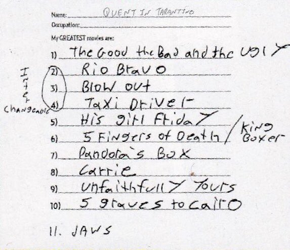 Quentin Tarantino handwritten list of 11 greatest films ever made.