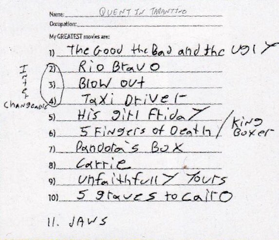 TheCinesthetic's tweet photo. Quentin Tarantino handwritten list of 11 greatest films ever made. https://t.co/SZAzbEAz0b