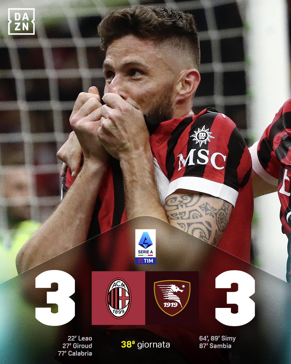 Pari emozionante all'ultima di Giroud, Kjaer e Pioli 3️⃣-3️⃣ #MilanSalernitana #SerieATIM #DAZN