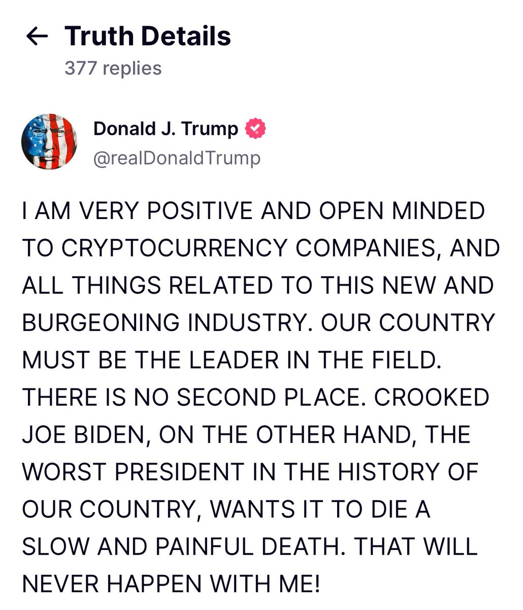 WatcherGuru's tweet image. JUST IN: 🇺🇸 Donald Trump says he is "very positive and open minded to cryptocurrency companies."

"Our country must be the leader in the field."