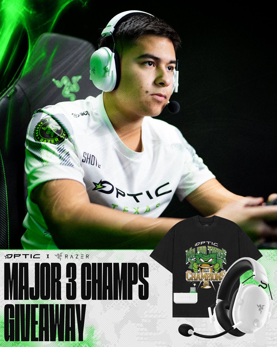 OpTic Texas (@optictexas) on Twitter photo Major 3 CHAMPIONS 🏆
We’re giving away a <a href="/TeamRazer/">Team RΛZΞR</a> BlackShark V2 Pro for Xbox and for PlayStation & Limited Edition Major III Champs tees to 3 winners who Likes/RT & tagging two friends 🎧
#BrickByBrick Major 3 CHAMPIONS 🏆
We’re giving away a <a href="/TeamRazer/">Team RΛZΞR</a> BlackShark V2 Pro for Xbox and for PlayStation & Limited Edition Major III Champs tees to 3 winners who Likes/RT & tagging two friends 🎧
#BrickByBrick
