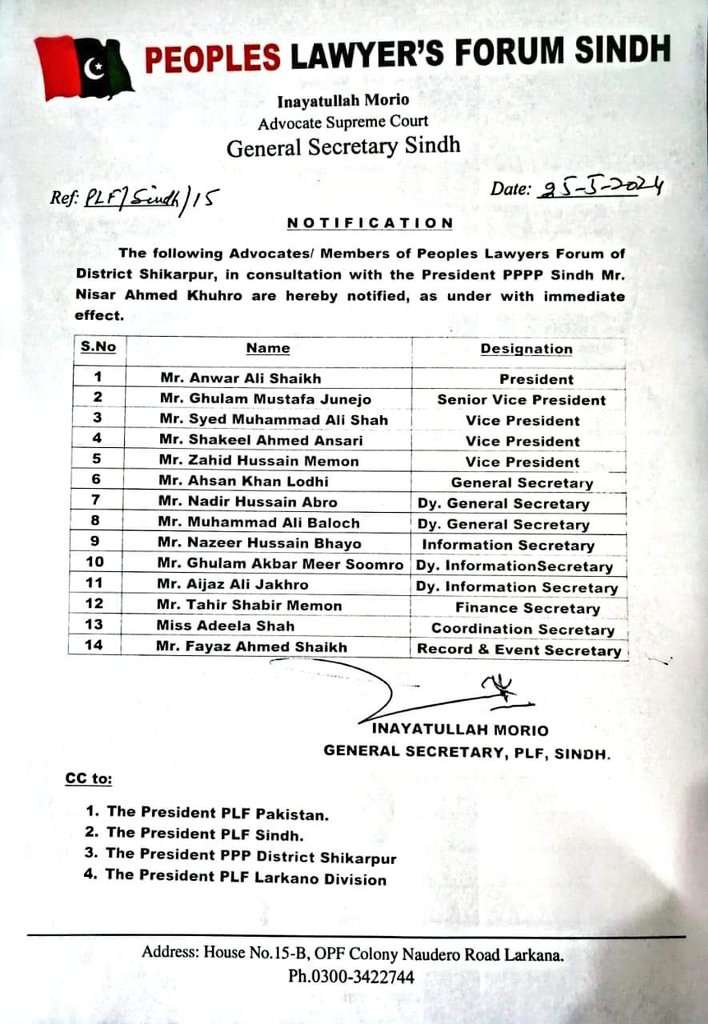 CityNewsShp's tweet image. ڪراچي: پيپلزپارٽي سنڌ صدر نثار احمد کهڙو جي هدايتن تي پيپلز لائير فورم سنڌ جنرل سيڪريٽري عنايت الله موريو هڪ نوٽيفڪيشن ذريعي پي ايل ايف شڪارپور جي عهديدارن جو اعلان ڪيو آهي، جنهن۾ صدر انور علي شيخ، جنرل سيڪريٽري احسن خان لوڌي، انفارميشن سيڪريٽري نظير حسين ڀيو۽ ٻين کي مقرر ڪيو ويو
