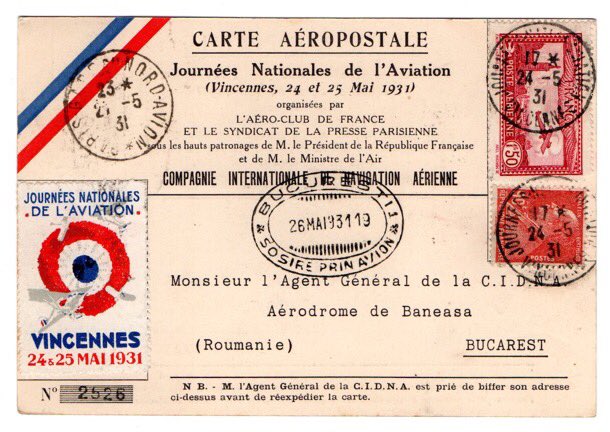 [Aviation] 24-25 mai 1931 / 2024 • Journées nationales 🇫🇷 de l'aviation organisées par l'@AeroclubFrance • Carte #aéropostale pour une « démonstration de liaison postale ultra-rapide » Paris-Bucarest #Roumanie aller et retour par la CIDNA. Vignette commémorative #avgeek ✈️