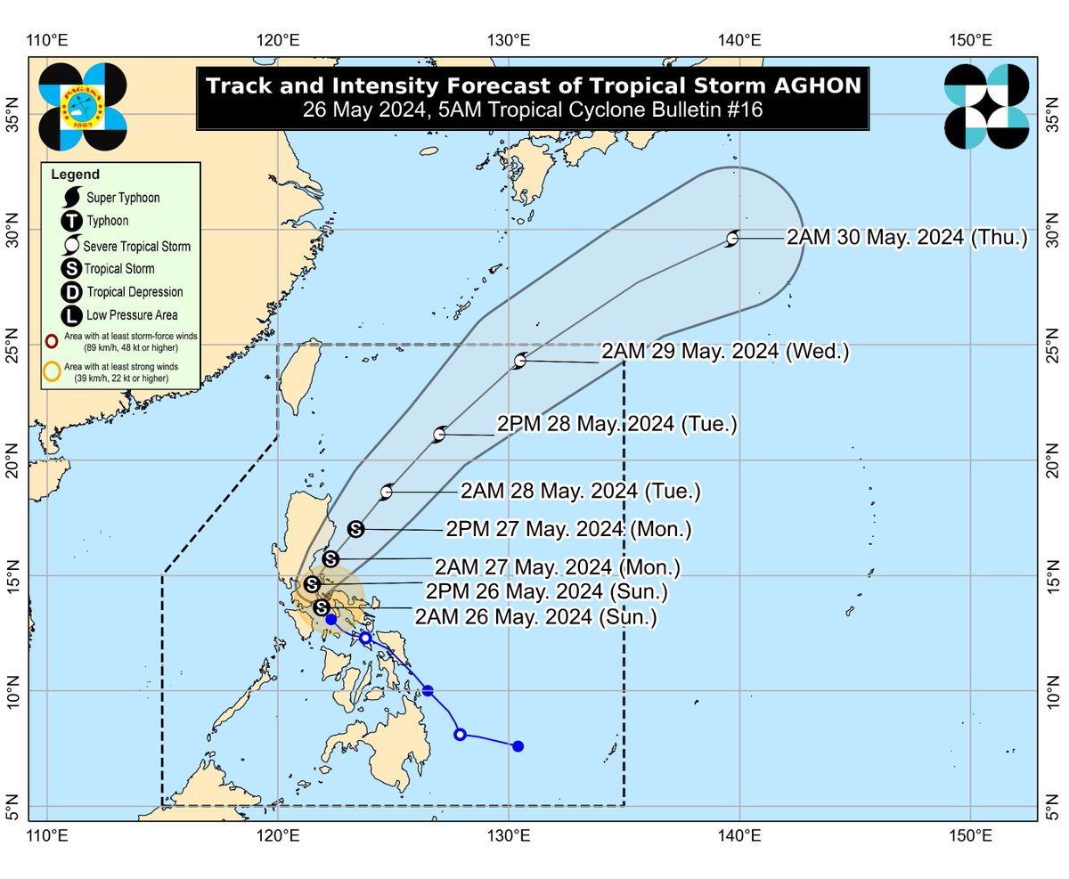 dost_pagasa's tweet photo. TROPICAL CYCLONE BULLETIN NR. 16
Tropical Storm #AghonPH
Issued at 5:00 AM, 26 May 2024
Valid for broadcast until the next bulletin at 8:00 AM today.

“AGHON” INTENSIFIES INTO A TROPICAL STORM OVER TAYABAS BAY.