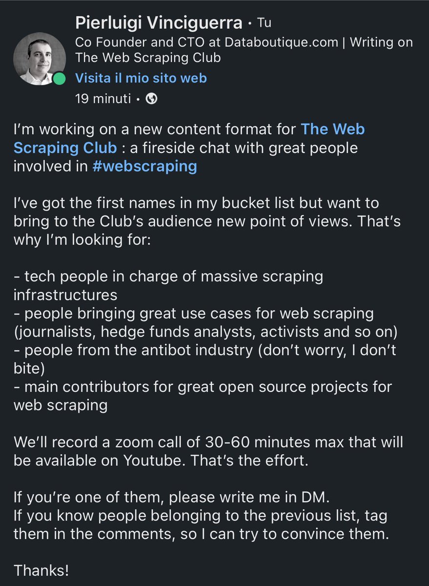 Do you want to talk about #webscraping in a fireside chat with me? Or do you want to see someone in particular in these videos? Write here in the comments!