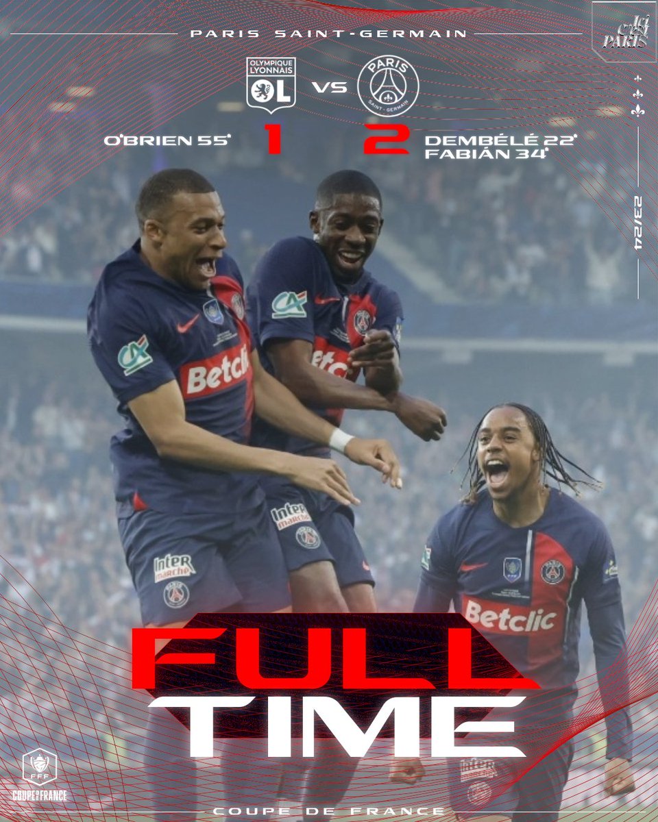 PSG_inside's tweet photo. 💪 C’est terminé ! (1-2)

Le Paris Saint-Germain s’impose contre Lyon et remporte la Coupe de France 2024 ! 👏❤️💙

La 𝟏𝟓𝐞̀𝐦𝐞 dans l’histoire du club ! 🔝

#OLPSG (1-2) | #WeArePAR15 🏆 https://t.co/oeiX6mxYIa
