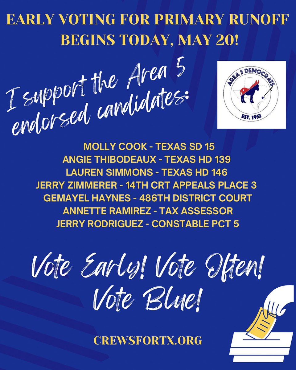 Knocking on doors with @Area5Dems this morning! We’re #GOTV for the Primary Runoff this Tuesday. Be sure to check out their list of endorsed candidates as well! Find your polling place at harrisvotes.com 🗳️

#CrewsForHD128
#CrewsForTX
#ElectionDay
#VoteBlue