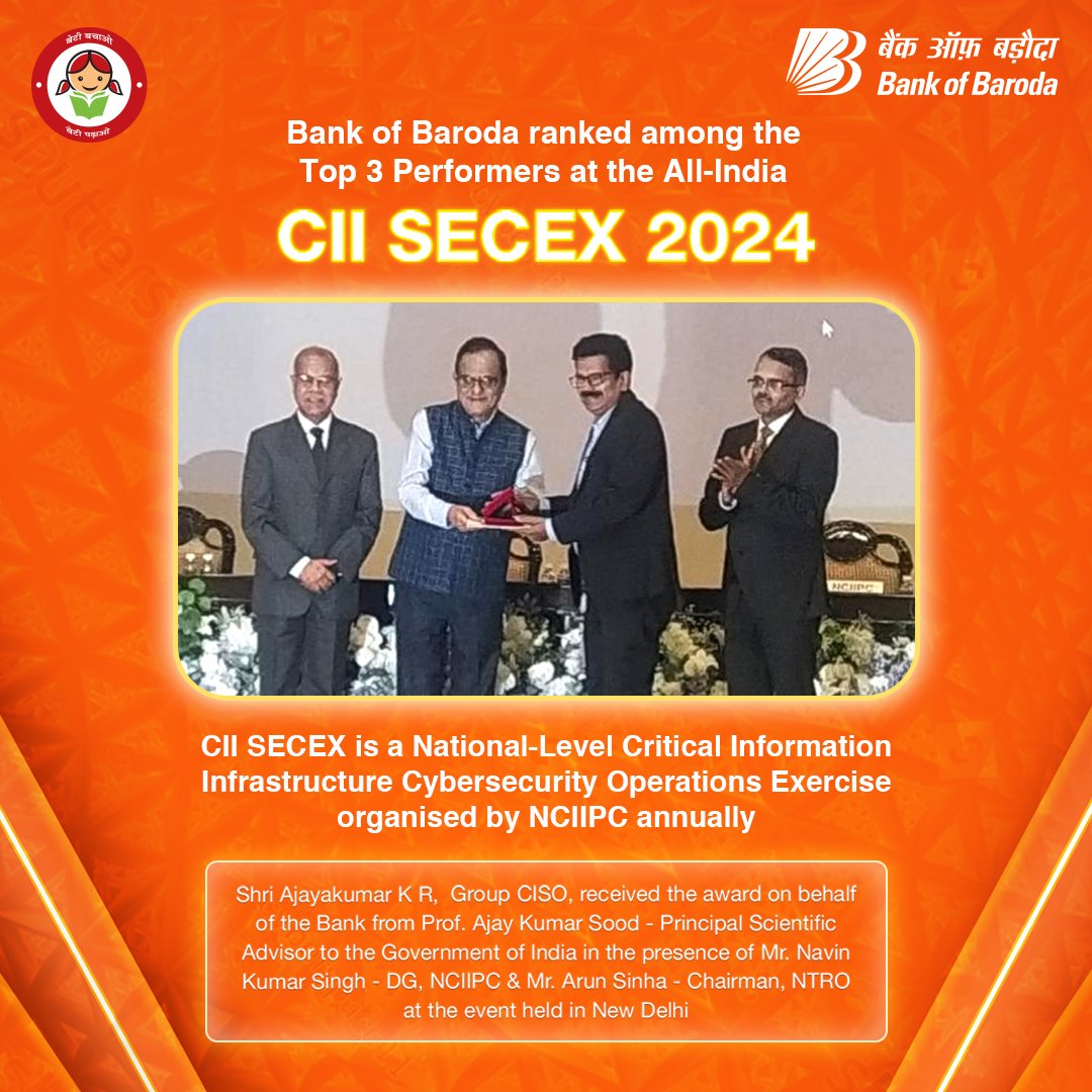 Bank of Baroda is thrilled to announce that we've been ranked among the top 3 performers at the All-India CII-SECEX 2024! This prestigious recognition is a testament to our unwavering commitment to setting the highest standards of cybersecurity in the banking sector.#BankOfBaroda