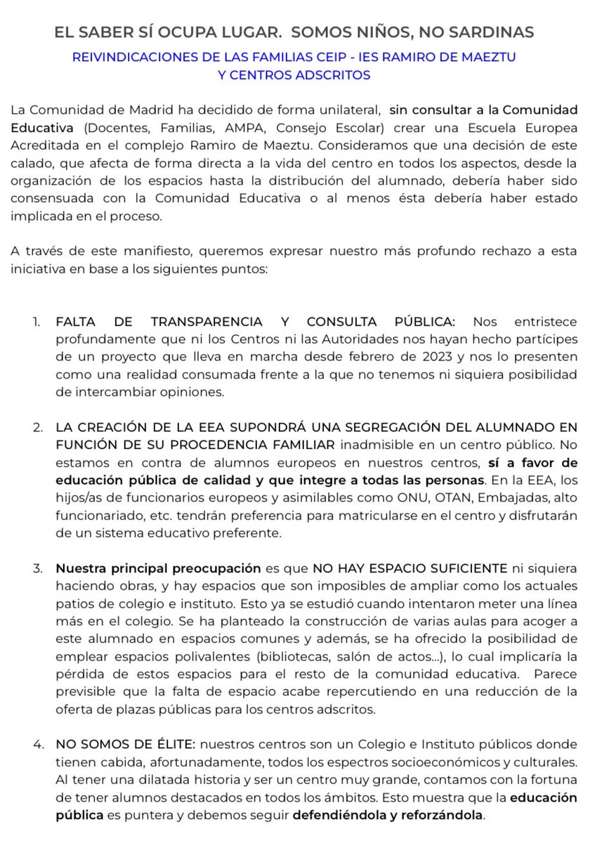 Ojo al caballo de Troya que quieren colar en el Ramiro de Maeztu. Una escuela reservada a hijos de funcionarios de la UE en un colegio e instituto público masificado y envejecido. 
<a href="/DemenciaEstu/">Demencia</a> nos viene bien todo el apoyo para la movilización que la comunidad educativa hace.