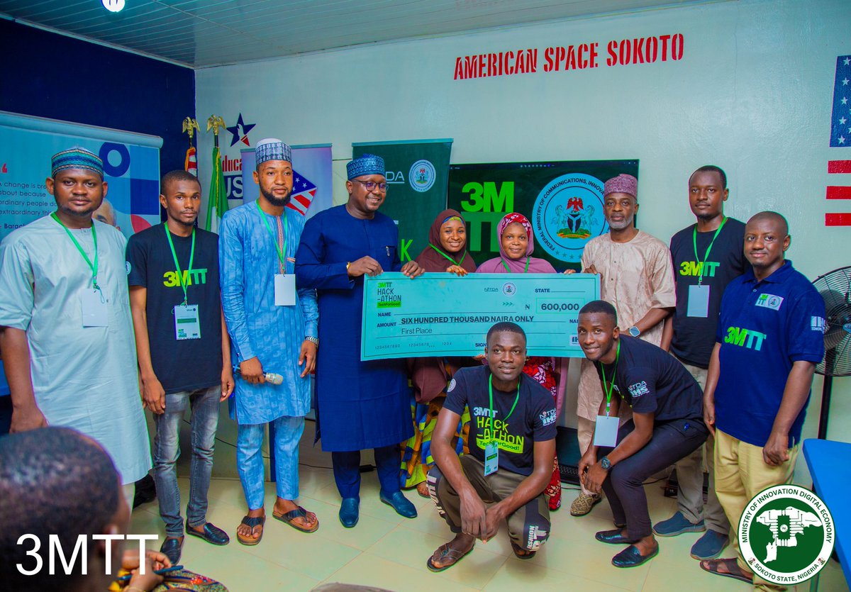 Congratulations team Sokoto and Kebbi,
1st Place N600,000 (Kebbi) , 2nd Place N300,000 (Sokoto) and Third Place N100,000 (Sokoto) . Thank you <a href="/3MTTNigeria/">3MTT Nigeria</a> Thank you <a href="/bosuntijani/">Dr. 'Bosun Tijani</a> 
#3mtthackathon