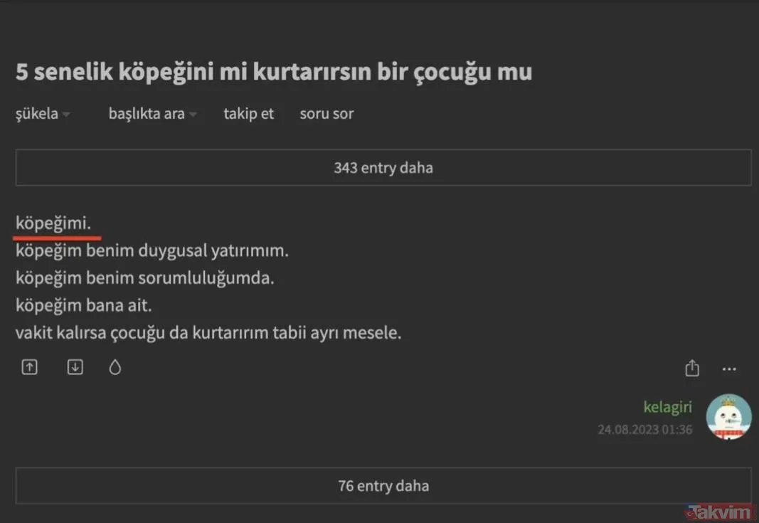 secil6161's tweet photo. Ekşi Sözlük'te "Tercih yapmak zorunda olsanız 5 senelik köpeğinizi mi yoksa bir çocu��u mu kurtarırsınız?" başlığı ile açılan entry ve cevapları

Tartışmayı bıraktım https://t.co/JBDr1iVMdG
