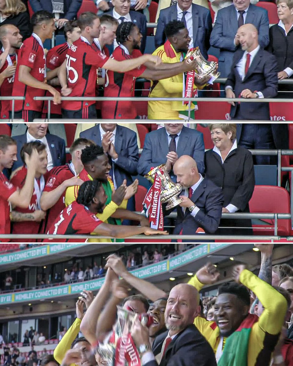 Just look at the entire Manchester United squad passing the FA Cup final trophy to Erik ten Hag so that he could raise it in front of the fans 🥹 So wholesome ❤️