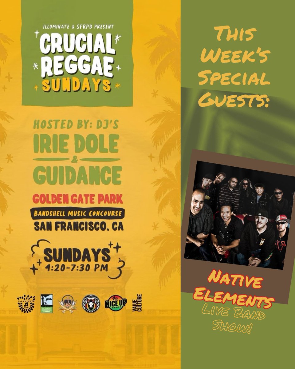 Crucial Reggae Sundays is tomorrow, 5/26! Spend the afternoon dancing in the park with: Hosts: Irie Dole DJ Guidance Special Guests: Native Elements playing a LIVE band show! The vibes start at 4:20pm, all are welcome, come down and dance it out. @recparksf