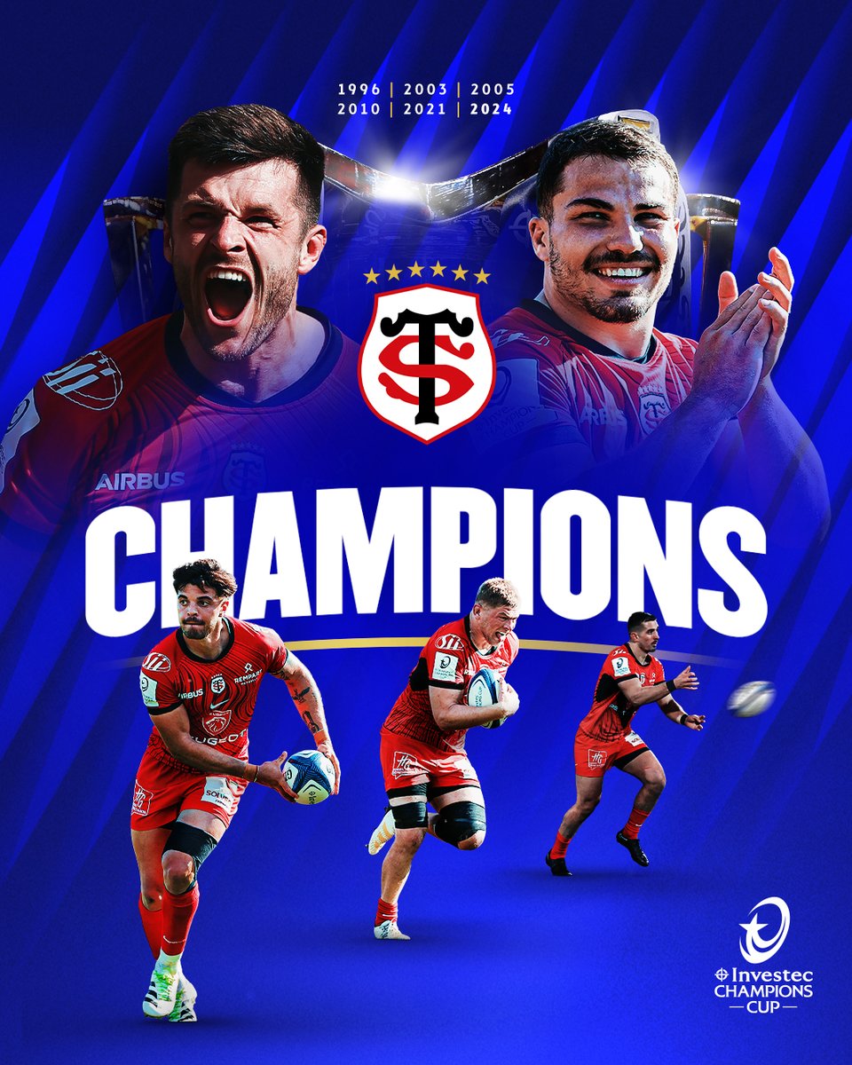 ChampionsCup's tweet photo. A SIXTH STAR ON THE JERSEY ⭐️
@StadeToulousain extend their record of titles with an INTENSE 31-22 win over Leinster in extra time 😱
#InvestecChampionsCup https://t.co/0b5nxgVCNf