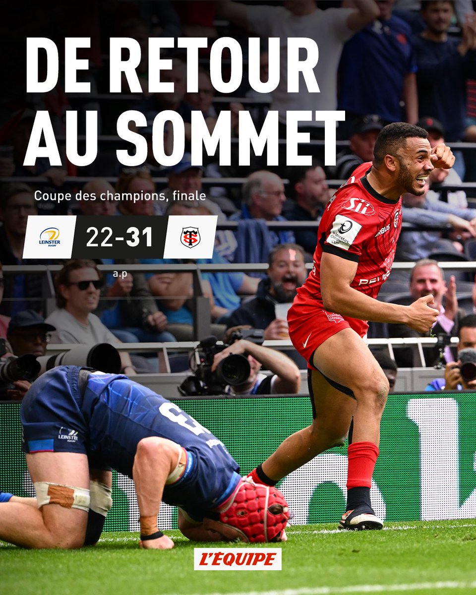 lequipe's tweet photo. Au terme d'une finale épique, le Stade Toulousain remporte sa 6e Coupe des champions en battant le Leinster après prolongation. 

Le match > https://t.co/4I2r8viPZc

#LEINST https://t.co/qPMSHs8ljx