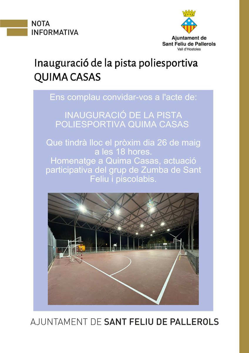 Inauguració de la Pista poliesportiva Quima Casas amb homenatge a l'atleta local. Actuació del Grup de zumba de #santfeliudepallerols i piscolabis.
🗓️Diumenge 26 de maig
⏰18:00 h
#pistapoliesportivaquimacasas