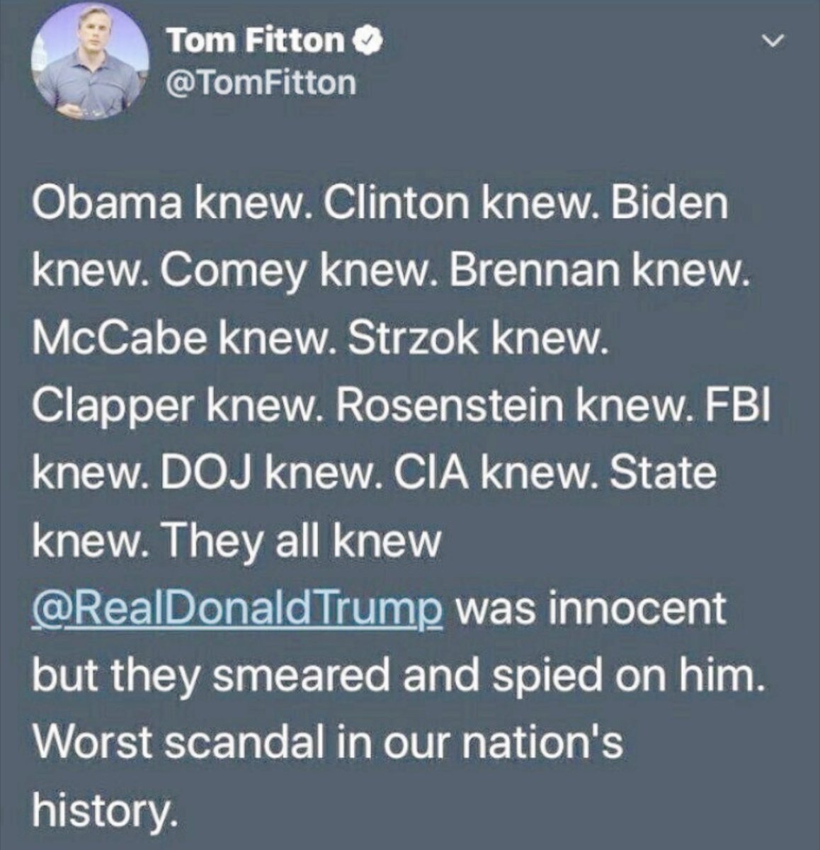 The Democrat Party is guilty in a coup de’ tat and the biggest scandal in our nation’s history! 

In order to move forward as a country and to Make America Great Again , all these people need to be tried for treason. 

Who agrees with Tom? 👇🙋‍♂️