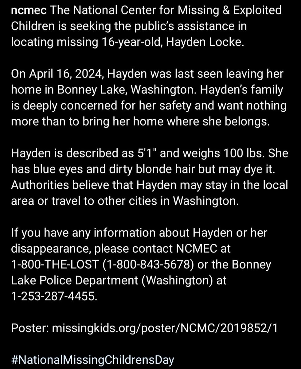 16y Hayden Locke has been missing since April 16, 2024 from Bonney Lake, Washington. She has not been seen or heard from since. #ncmec #missingpersons #missing #missingteen #missingteenager #stillmissing #missingchild #truecrime #washington #haydenlocke